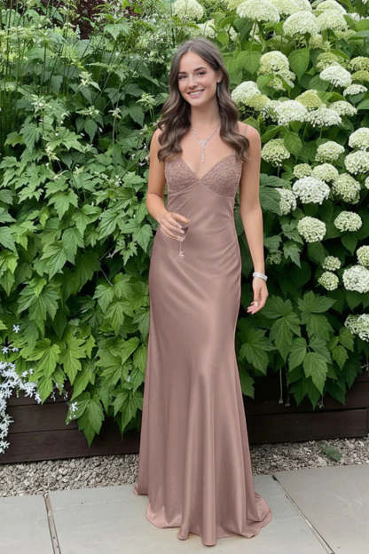Cocosbride Simple Spaghetti Straps V-neck Sheath Satin Prom Dress