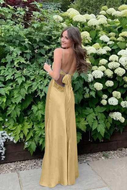 Cocosbride Simple Spaghetti Straps V-neck Sheath Satin Prom Dress