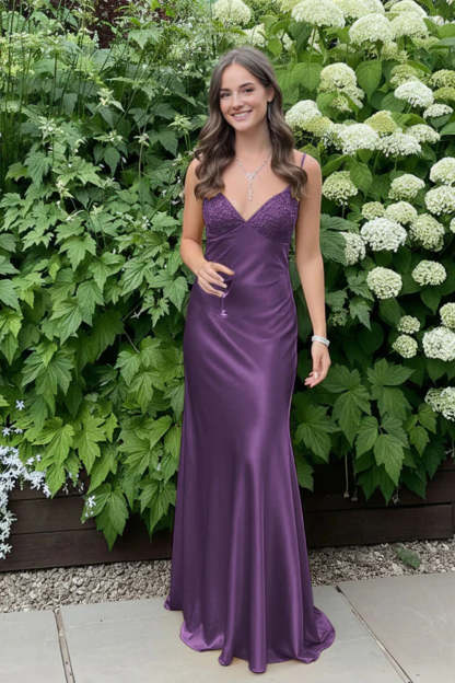 Cocosbride Simple Spaghetti Straps V-neck Sheath Satin Prom Dress