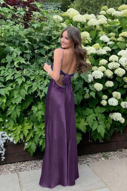 Cocosbride Simple Spaghetti Straps V-neck Sheath Satin Prom Dress