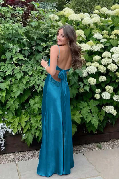 Cocosbride Simple Spaghetti Straps V-neck Sheath Satin Prom Dress