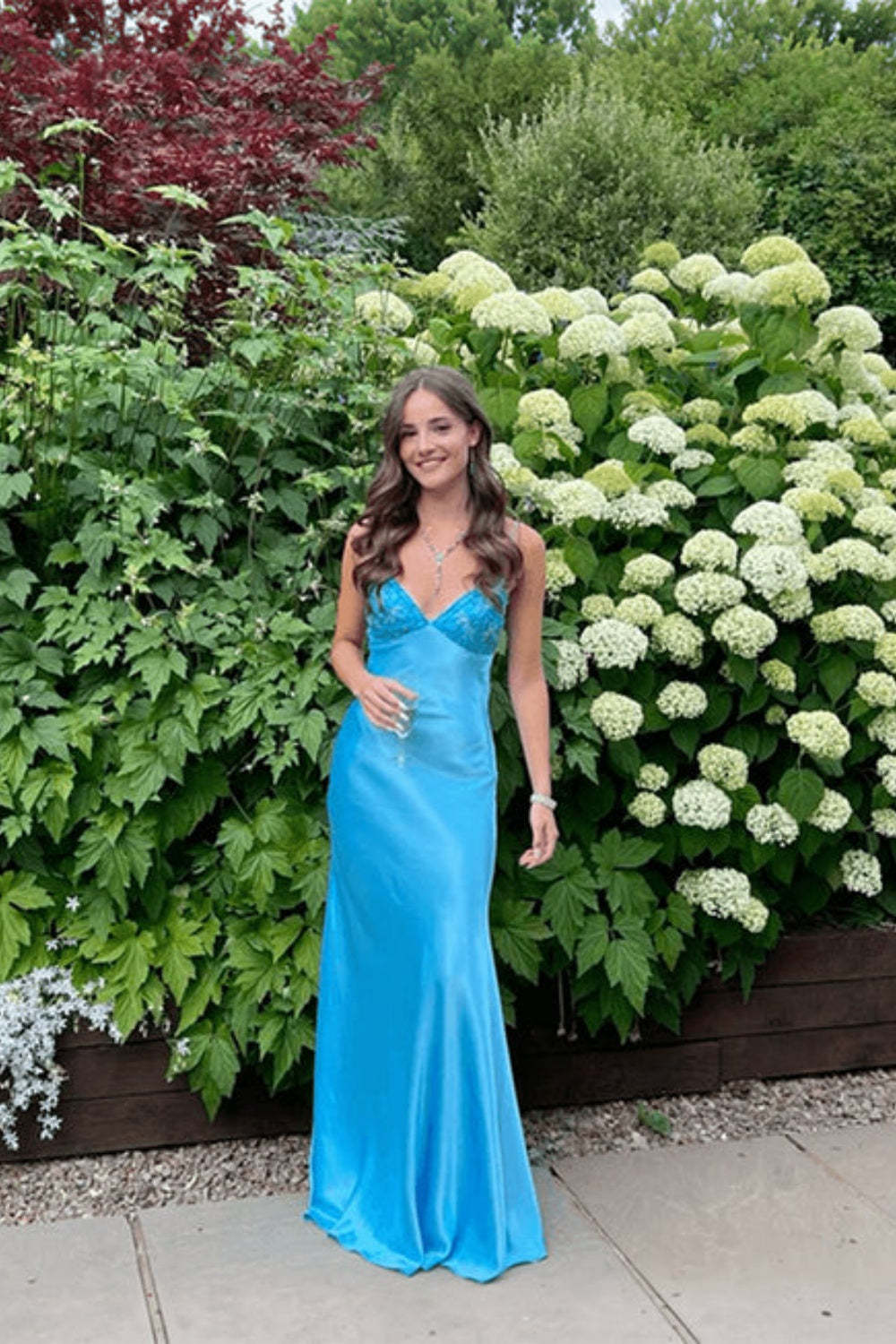 Simple Spaghetti Straps V-neck Sheath Satin Prom Dress - Cocosbride