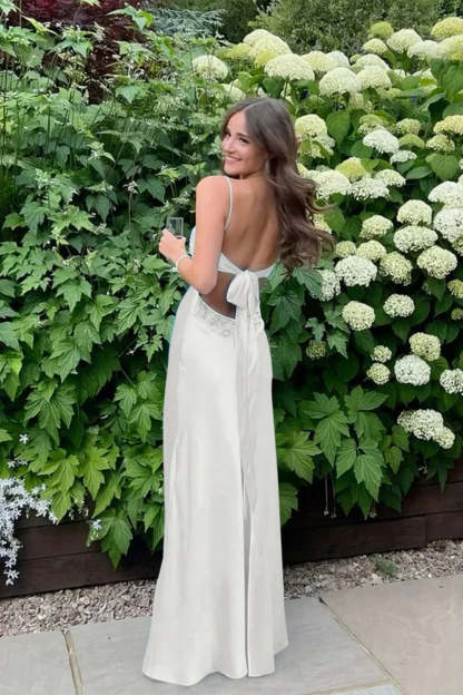 Cocosbride Simple Spaghetti Straps V-neck Sheath Satin Prom Dress