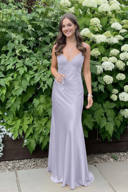 Cocosbride Simple Spaghetti Straps V-neck Sheath Satin Prom Dress