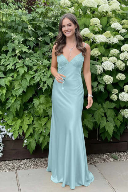 Cocosbride Simple Spaghetti Straps V-neck Sheath Satin Prom Dress