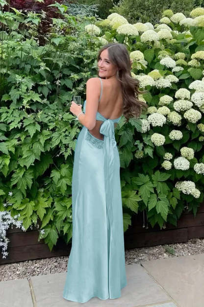 Cocosbride Simple Spaghetti Straps V-neck Sheath Satin Prom Dress