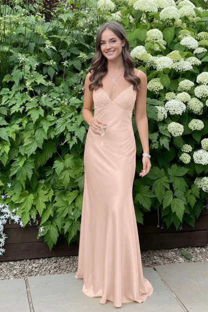 Cocosbride  Simple Spaghetti Straps V-neck Sheath Satin Prom Dress