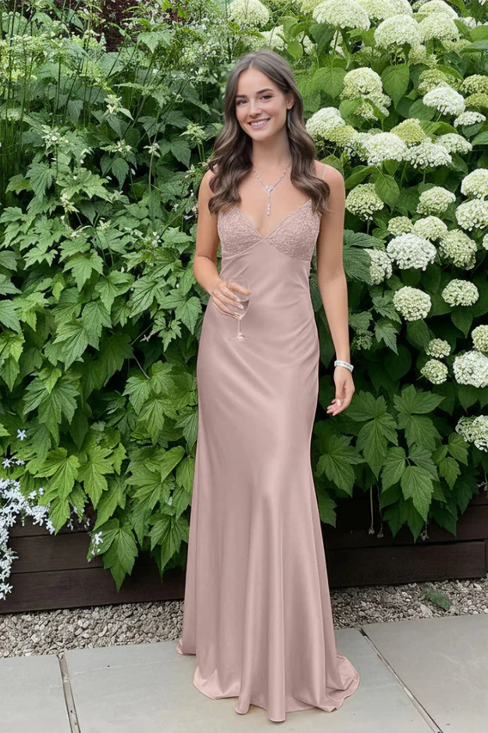 Cocosbride  Simple Spaghetti Straps V-neck Sheath Satin Prom Dress