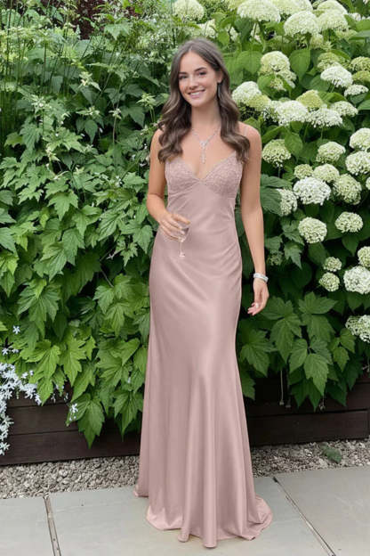 Cocosbride  Simple Spaghetti Straps V-neck Sheath Satin Prom Dress