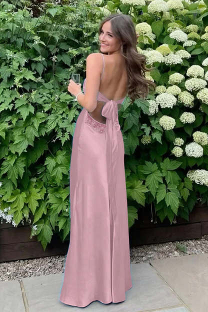 Cocosbride  Simple Spaghetti Straps V-neck Sheath Satin Prom Dress