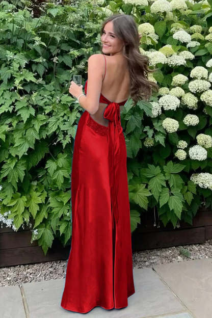 Cocosbride   Simple Spaghetti Straps V-neck Sheath Satin Prom Dress