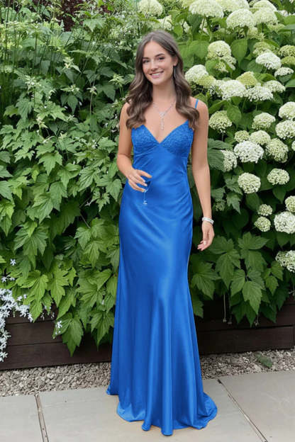 Cocosbride  Simple Spaghetti Straps V-neck Sheath Satin Prom Dress