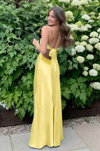 Cocosbride  Simple Spaghetti Straps V-neck Sheath Satin Prom Dress