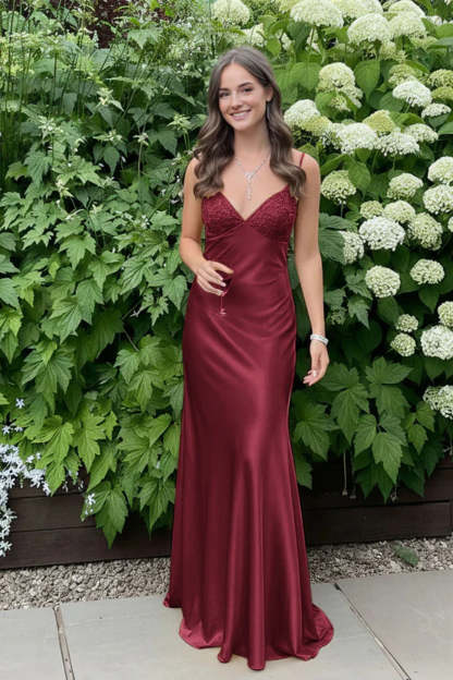Cocosbride Simple Spaghetti Straps V-neck Sheath Satin Prom Dress