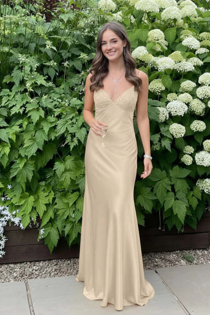 Cocosbride Simple Spaghetti Straps V-neck Sheath Satin Prom Dress