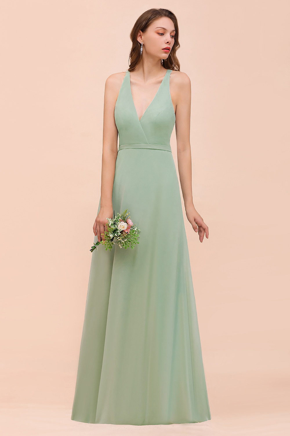 Simple V-neck Wide Straps A-line Chiffon Bridesmaid Dress With Pockets