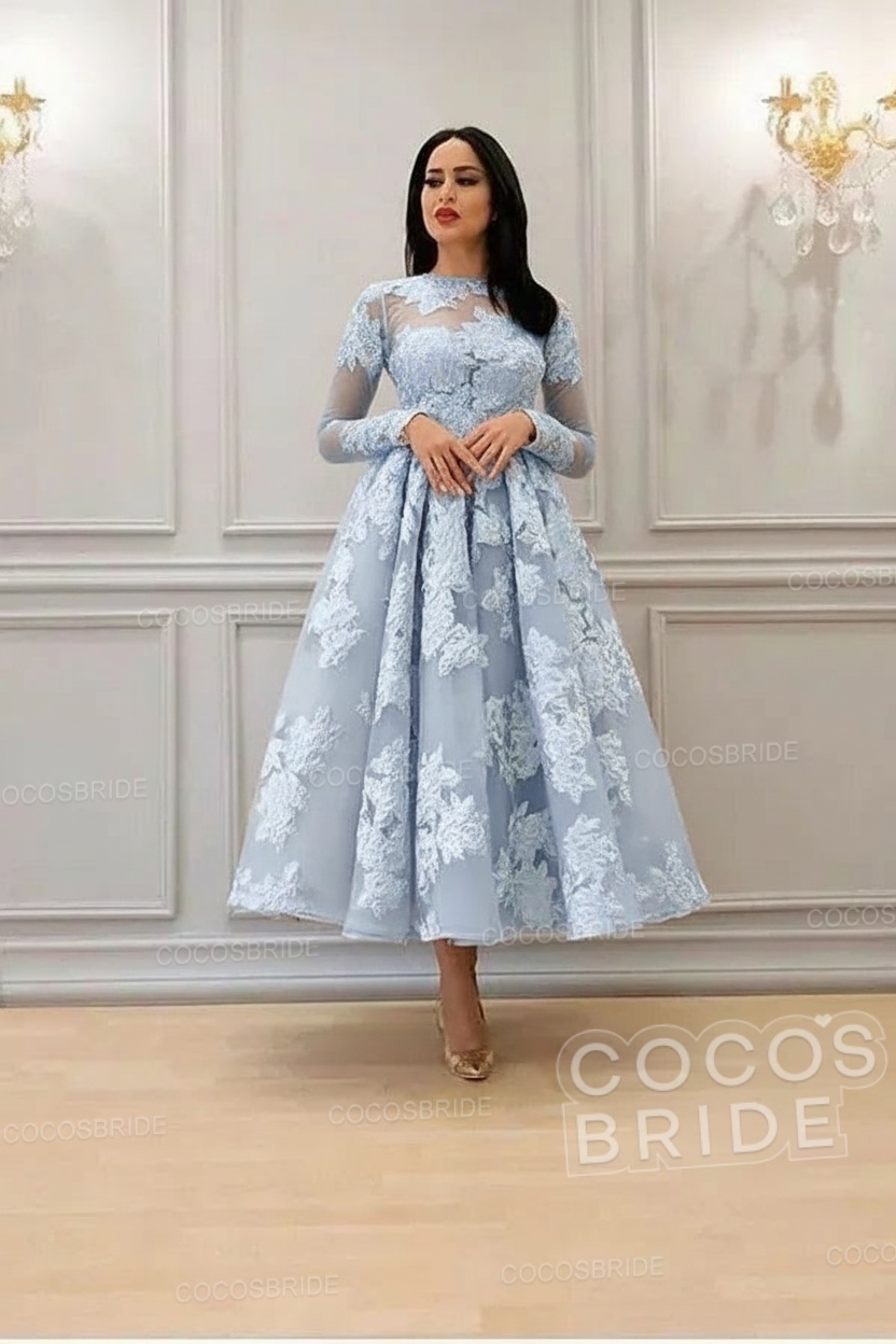 Elegant Short A-line High Neck Lace Ankle Length Formal Evening Dress with Sleeves