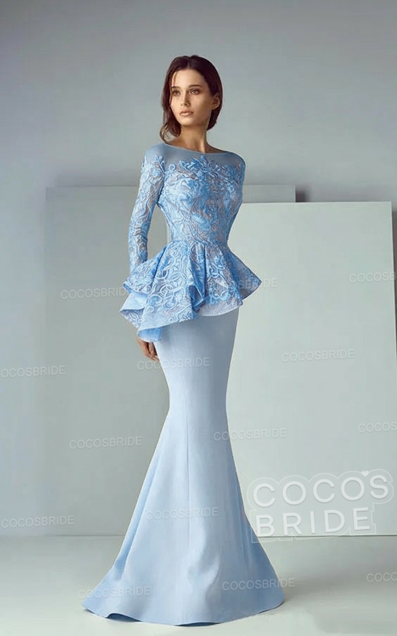 Modest Long Mermaid Lace Satin Formal Prom Dresses with Sleeves