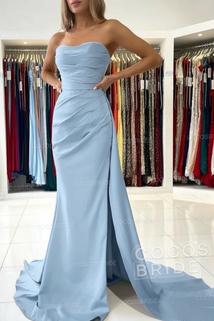 Long Mermaid Strapless Satin Prom Dress with Slit