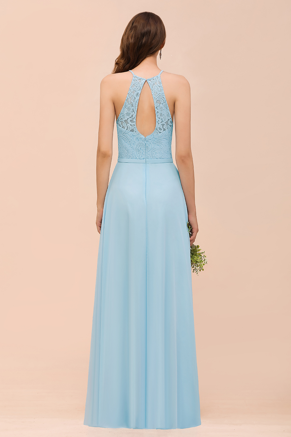 Sky Blue Halter Appliques Chiffon A-Line Bridesmaid Dress Sleeveless Party Dress