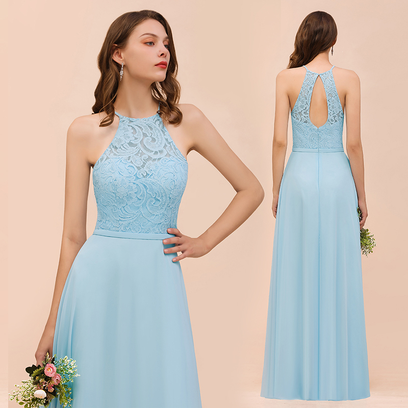 Sky Blue Halter Appliques Chiffon A-Line Bridesmaid Dress Sleeveless Party Dress