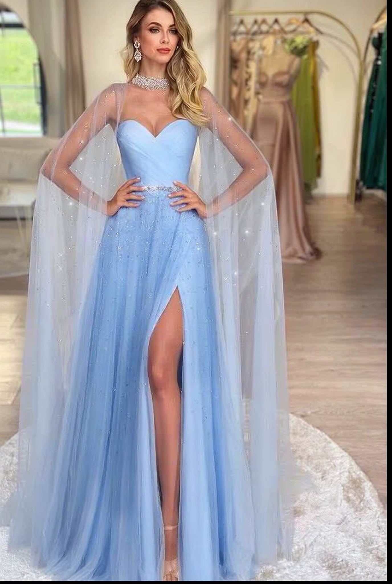 Sky Blue Long A-Line Tulle Sweetheart Prom Dress with Split