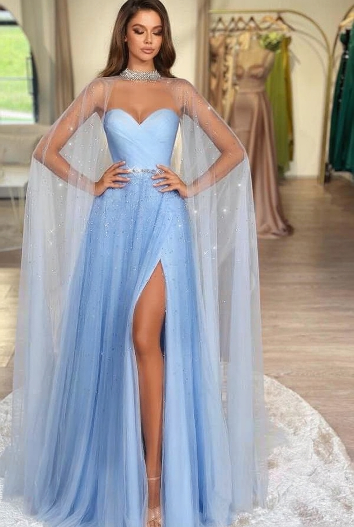 Sky Blue Long A-Line Tulle Sweetheart Prom Dress with Split