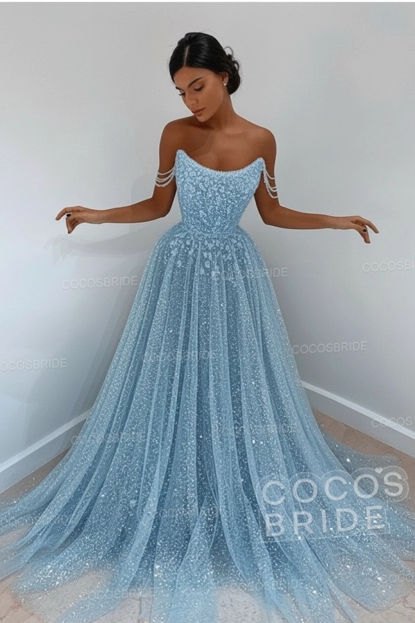 Long A-line Sparkly Sleeveless Sequined Formal Prom Dress