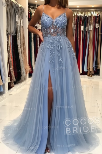 Long A-line V-neck Spaghetti Straps Open Back Prom Dress with Slit