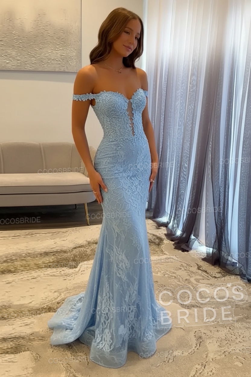 Dark Navy Long Mermaid Off the Shoulder Lace Prom Dress