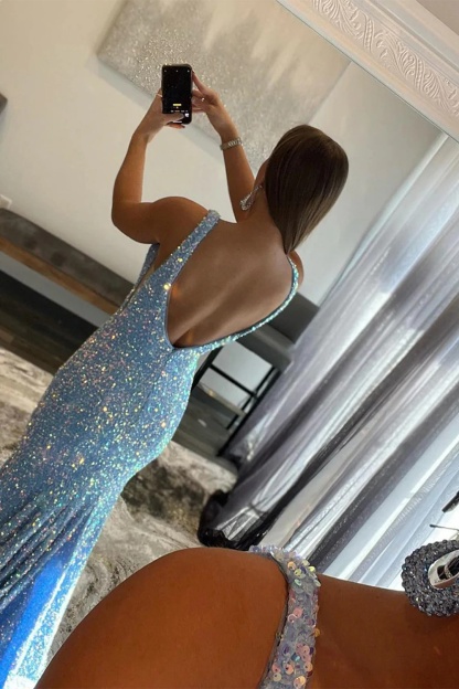 Mermaid V-neck Sequin Backless Long Baby Blue Prom Dress
