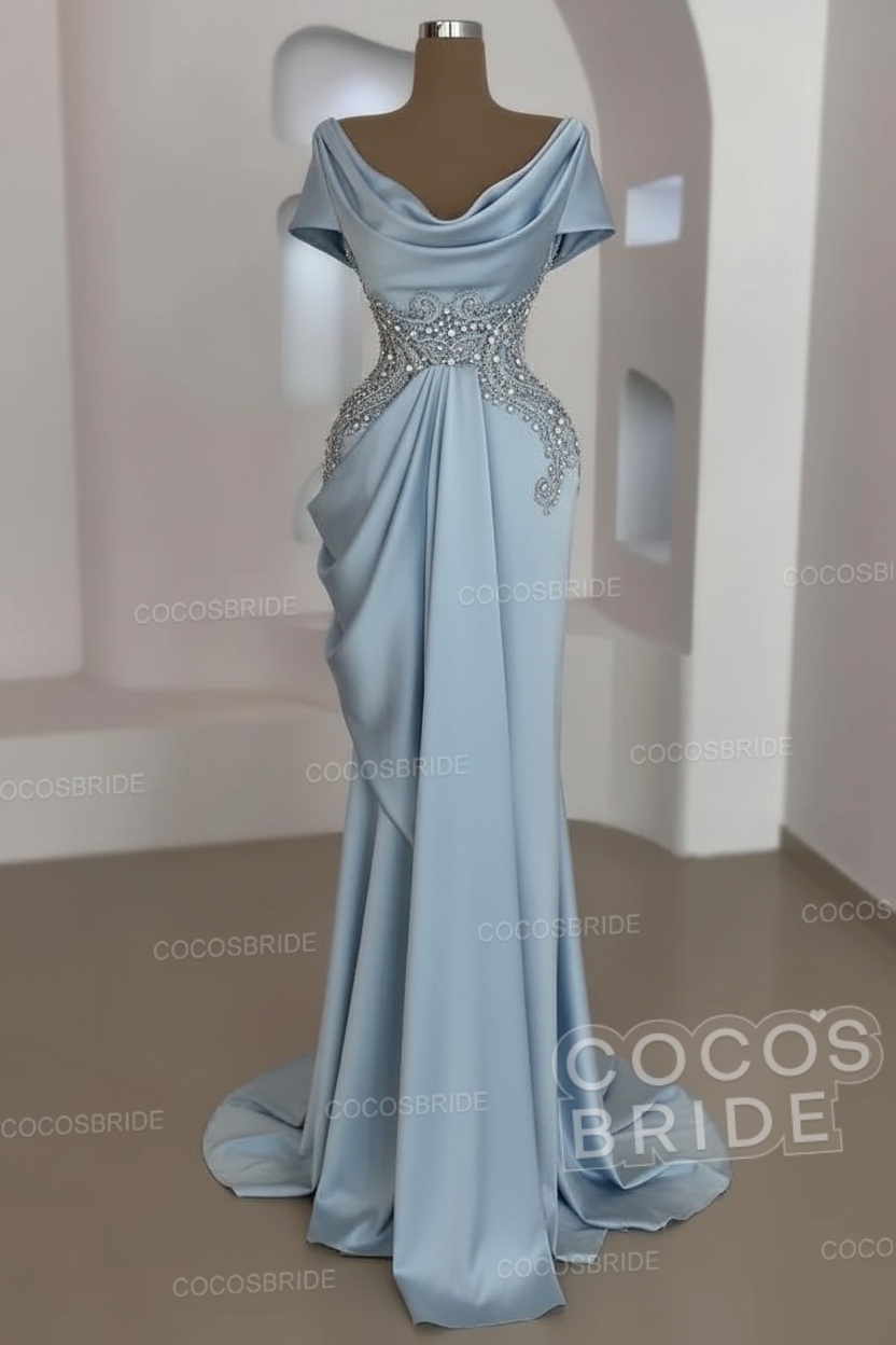 Mermaid Cowl Neck Satin Long Prom Dresses with Short Sleeves