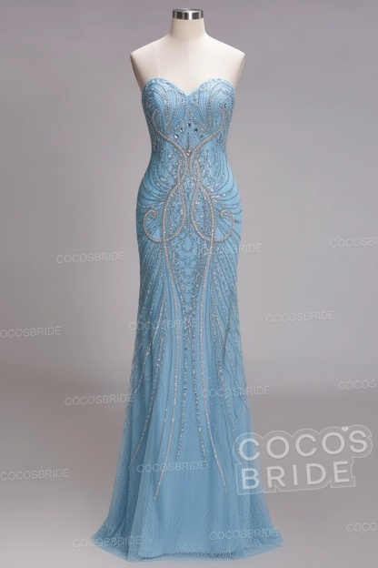 Mermaid Strapless Sweetheart Long Sequined Formal Evening Dresses with Beads