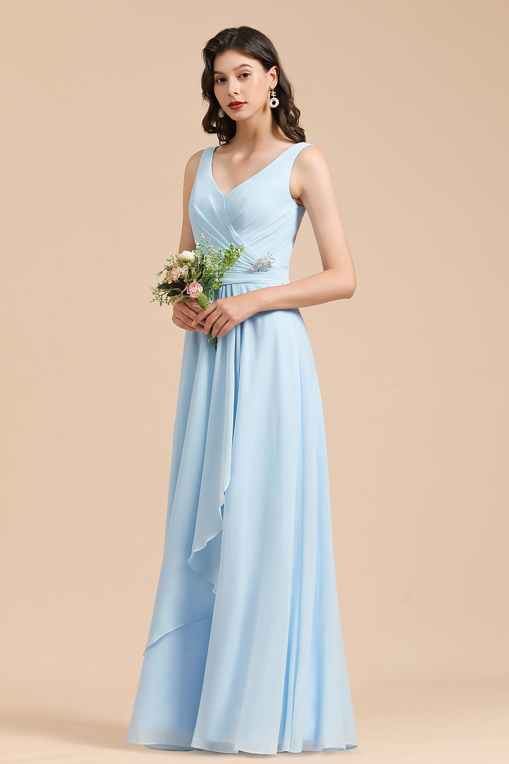 Sky Blue Ruffles Straps A-line Beads Long Bridesmaid Dress