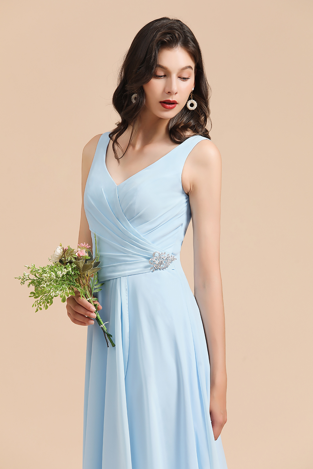 Sky Blue Ruffles Straps A-line Beads Long Bridesmaid Dress