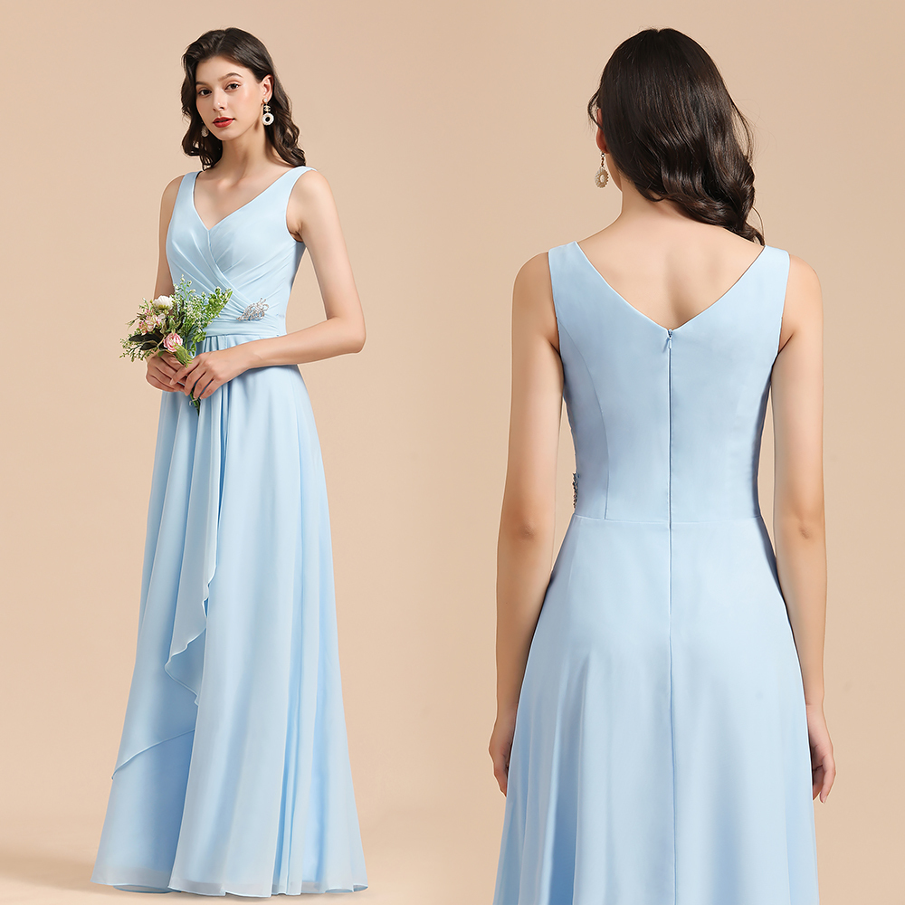 Sky Blue Ruffles Straps A-line Beads Long Bridesmaid Dress