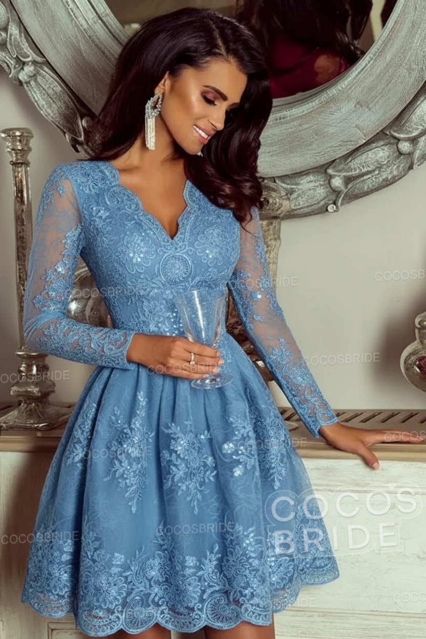 Elegant Short A-line V-neck Tulle Lace Homecoming Dresses with Sleeves