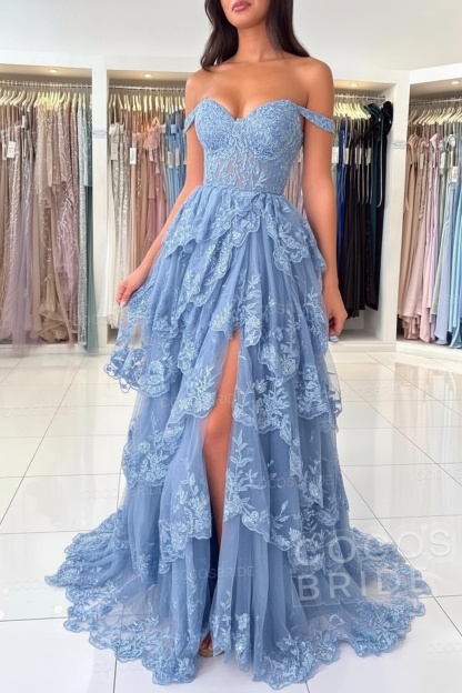 Off The Shoulder Sweetheart Lace A-Line Long Prom Dress with Slit