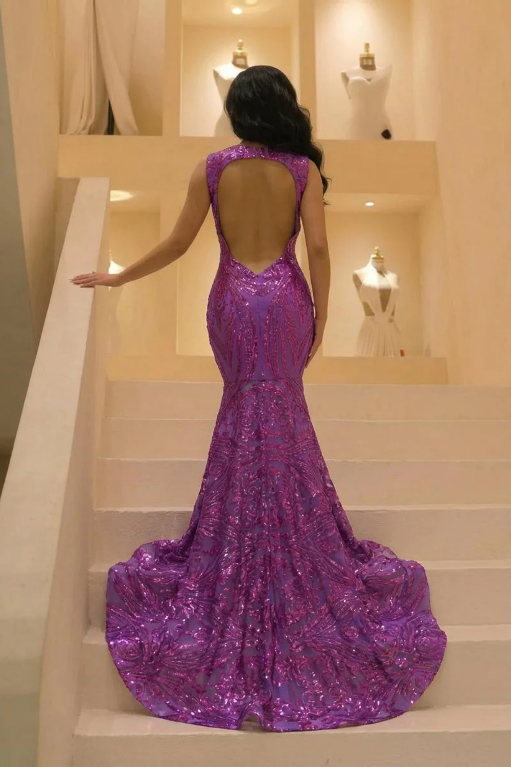Backless Sleeveless Sequined Mermaid Prom Dress