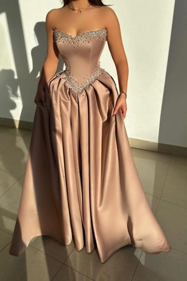 Cocosbride Sleeveless Strapless A-line Long Prom Dress with Rhinestones