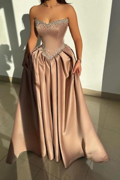 Cocosbride Sleeveless Strapless A-line Long Prom Dress with Rhinestones