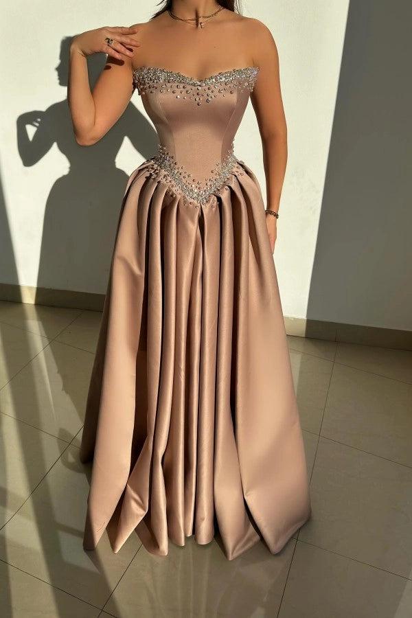 Cocosbride Sleeveless Strapless A-line Long Prom Dress with Rhinestones