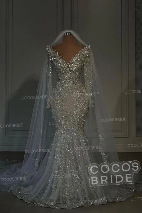 Luxury Long Mermaid Sweetheart Sequined Wedding Dresses with Sleeves