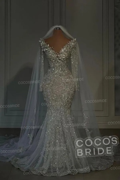 Luxury Long Mermaid Sweetheart Sequined Wedding Dresses with Sleeves