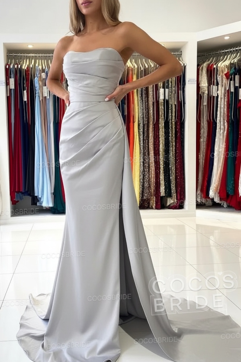 Long Mermaid Strapless Satin Prom Dress with Slit