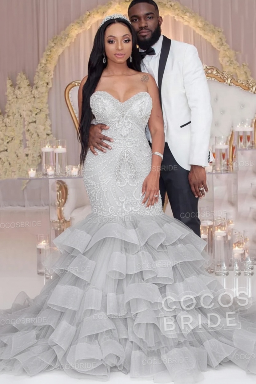 Luxury Long Strapless Ruffles Beaded Mermaid Wedding Dress