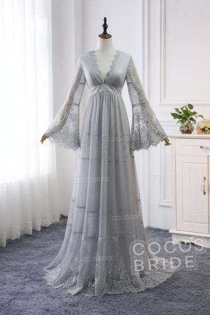 Elegant Long Sleeves A-line V-Neck Tulle Wedding Dresses