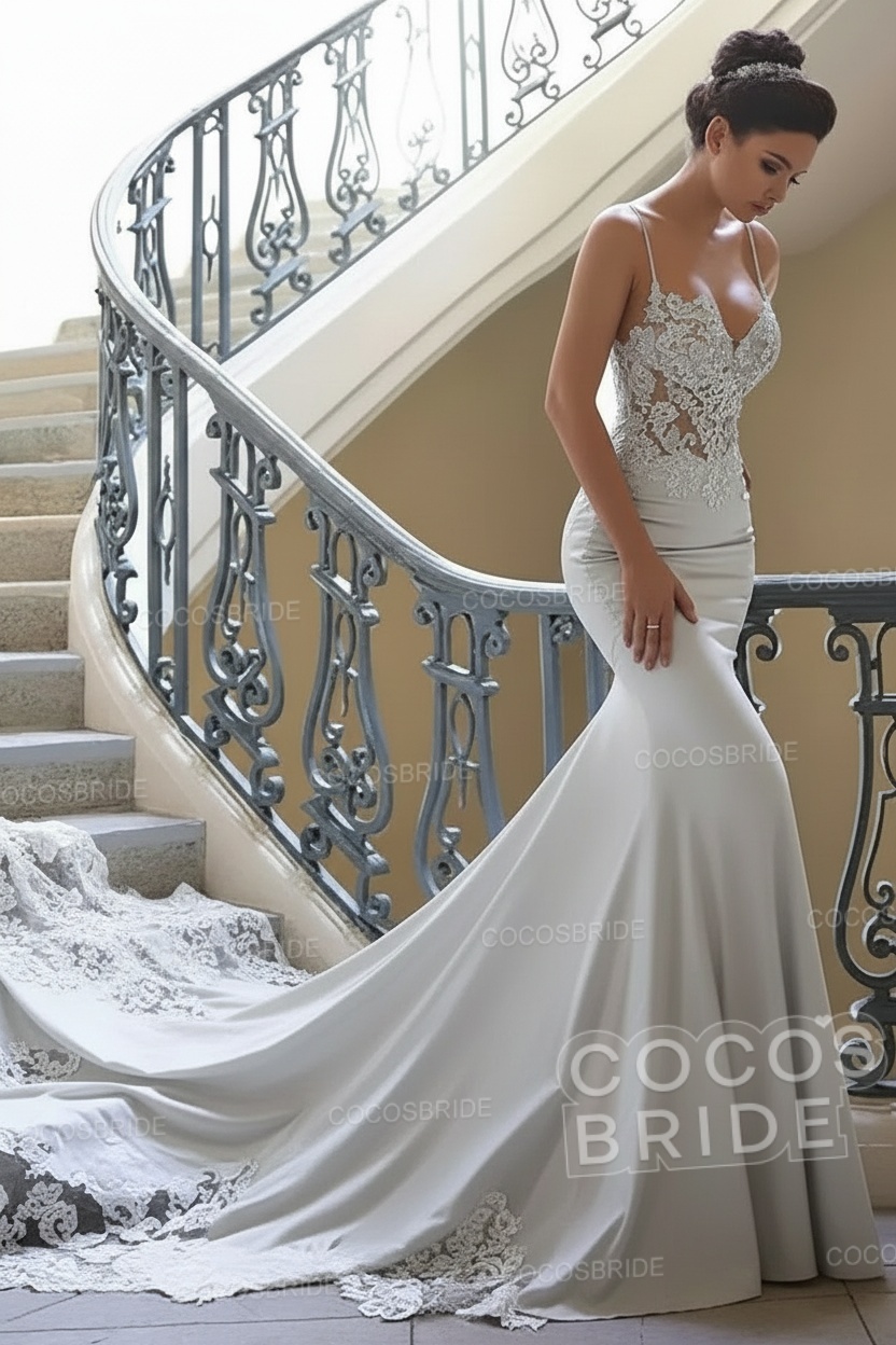 Long Mermaid Spaghetti Strap Sweetheart Lace Backless Wedding Dresses