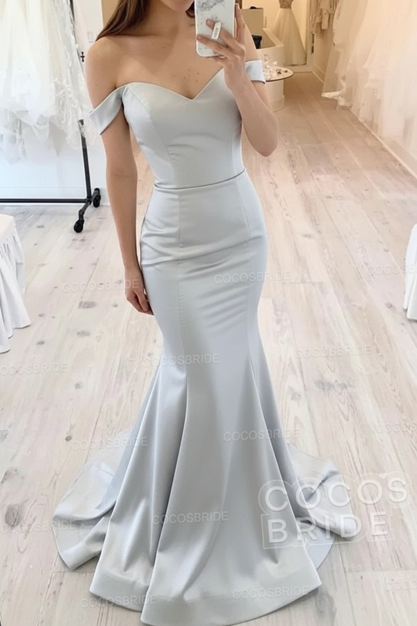 Long Mermaid Off the Shoulder Floor Length Satin White Wedding Dresses