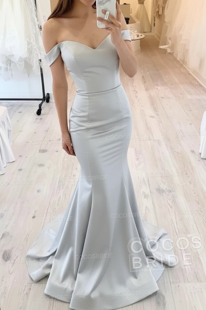 Long Mermaid Off the Shoulder Floor Length Satin White Wedding Dresses